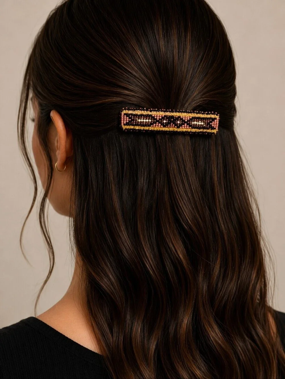 HANDMADE Leather Native American Design Seed Beaded Barrette